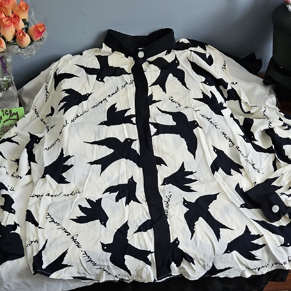 Mondi Vintage Black and White Bird Print Blouse